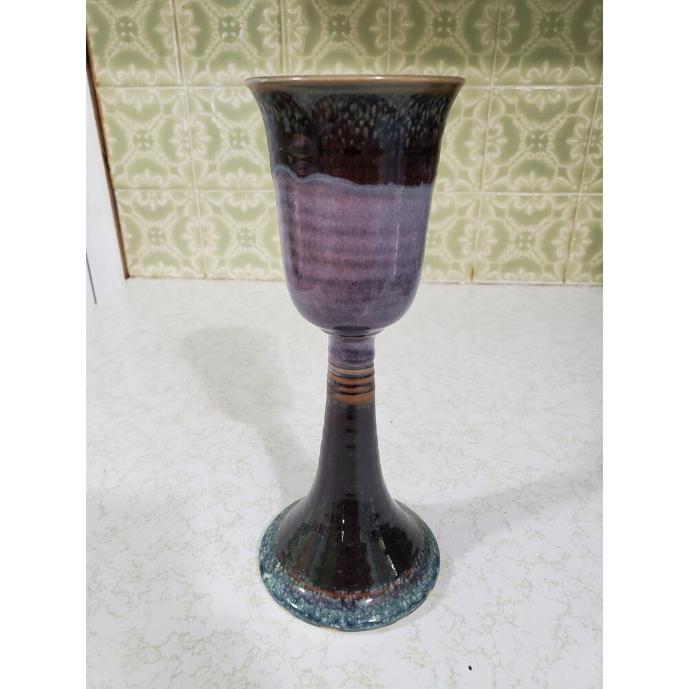 Handmade Stoneware Goblet Chalice Art Pottery Purple Drip Glaze 9"